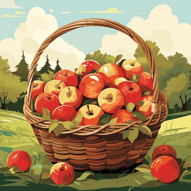 Плетеная корзина, полная спелых сладких яблок. Свежие фрукты на ферме, органическая здоровая пища. Векторная иллюстрация.