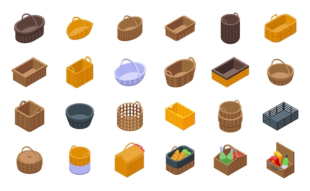 Wicker basket icons set isometric vector Picnic bottle food Park snack outdoor