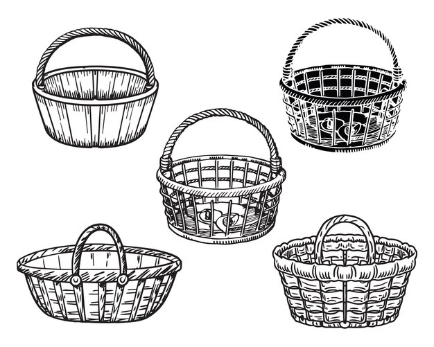 白い背景のストックイラストのウィッカーバスケットセットベクトル