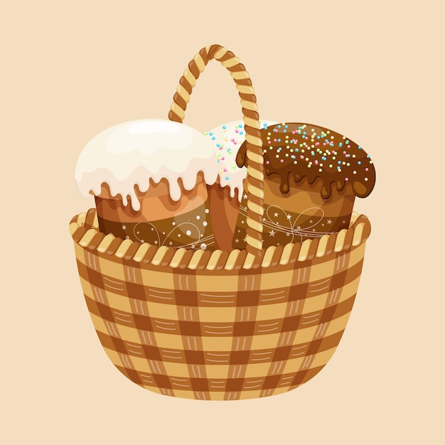 Vector wicker basket with easter cakes colorful easter illustration greeting card vector