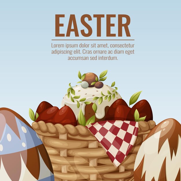 Wicker basket with Easter eggs and traditional cake. Square background with place for text. Vector