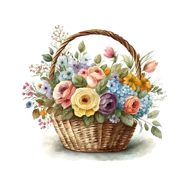 Wicker basket with flowers victorian style watercolor