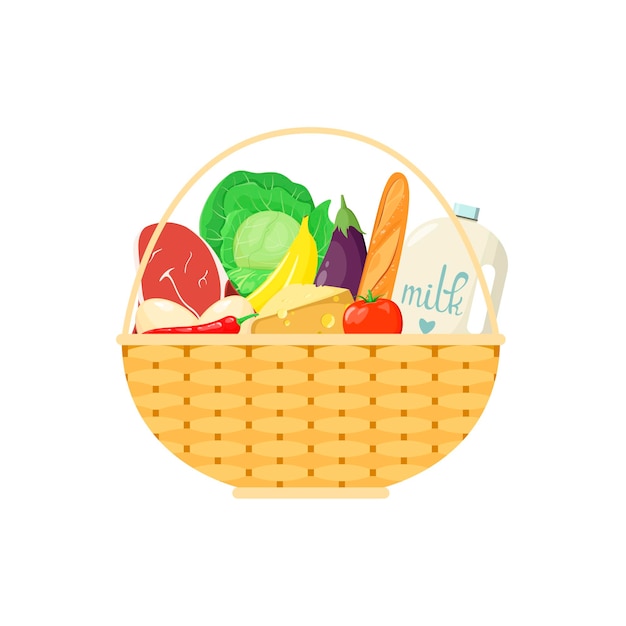 Wicker basket with food on a white background Cartoon design