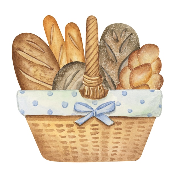 Vector wicker basket with morning fresh bread bread basket from the bakery watercolor illustration