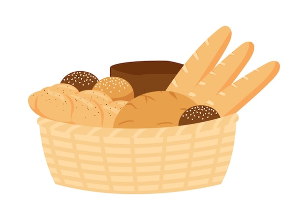 Vettore cesto di vimini con pane di pasta di pane di segale di grano. pane pane pane tostato baguette challah