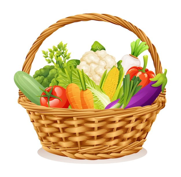 Wicker basket with vegetables isolated on white background Vector illustration