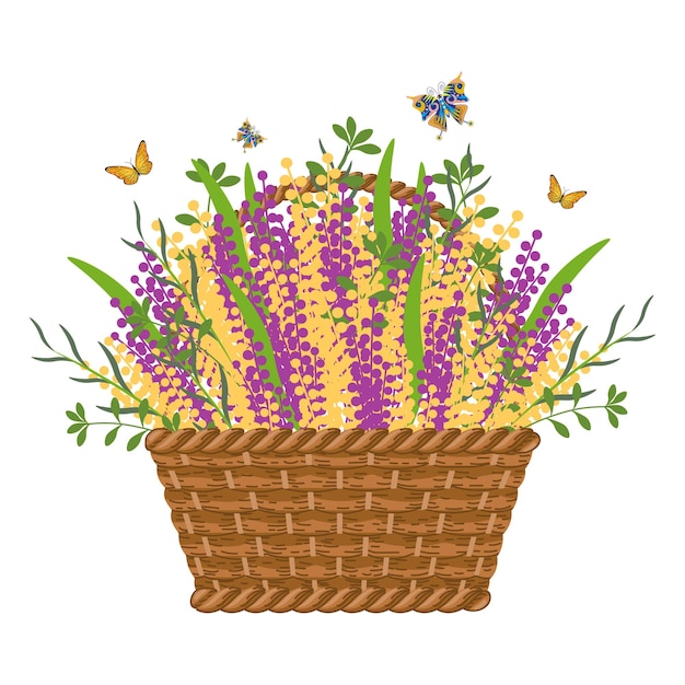 Wicker basket with wild flowers and butterflies on a white background illustration poster banner