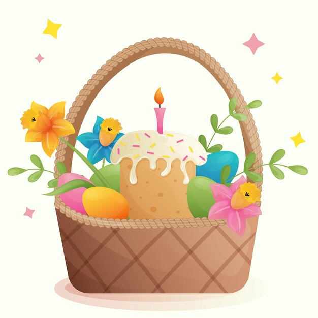 Wicker easter basket with pannettone colorful boiled eggs candle and flowers eggs in a basket