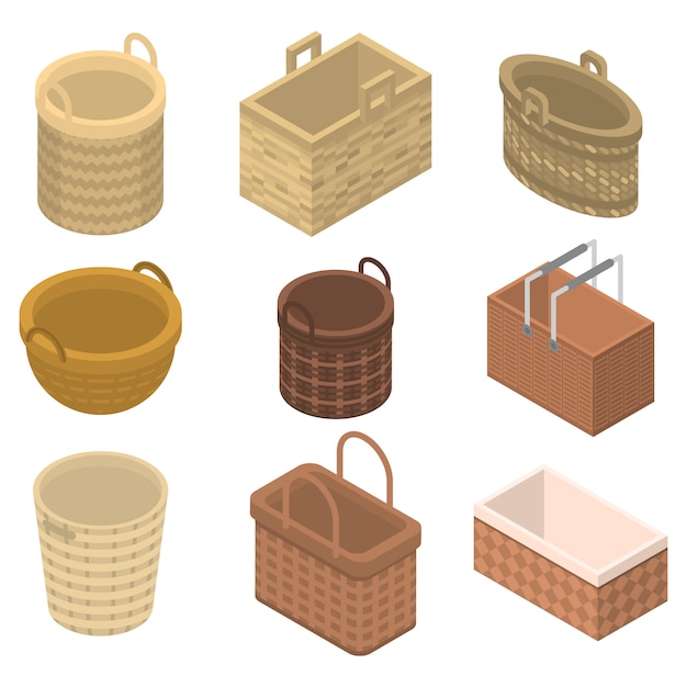 Vector wicker icons set, isometric style