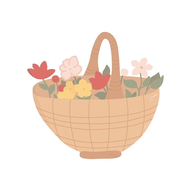 Vector wicker mand met boeket bloemen in hand getekende cartoon stijl vector illustratie