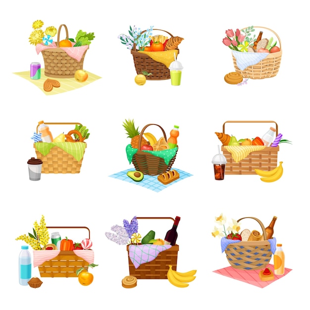 Wicker picknick manden en manden vol met voedingsmiddelen vector set