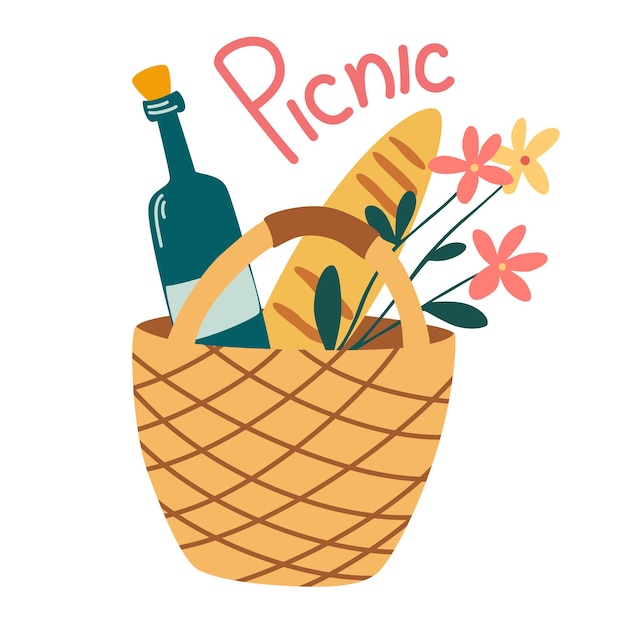 Wicker Picnic Basket Food in wicker crate Wine juice bottle cheese fruits bread sticks and baguette Lunch dining in park Hand drawn vector illustration