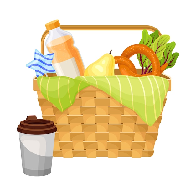Корзина или корзина для пикника из плетеного дерева, наполненная векторной иллюстрацией пищевых продуктов