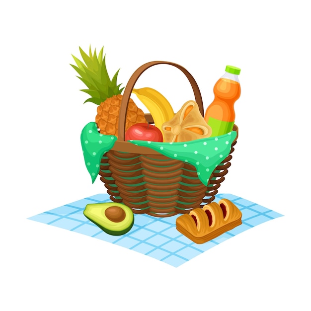 Wicker picnic basket or hamper full with fruit and baked products rested on overlay vector