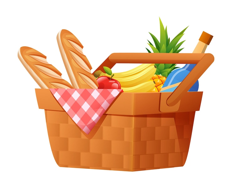 Vector wicker picnic basket with blanket full of products vector illustration
