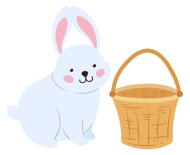 Wicker and white rabbit Cute bunny color character isolated on white background