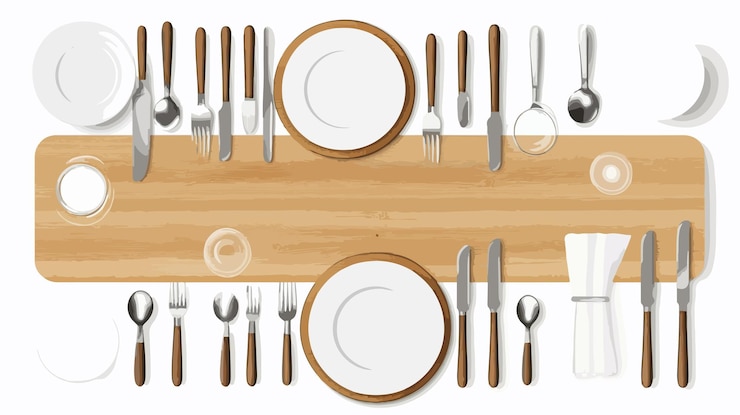 Vector wide angle wooden table furniture and tableware for home decor