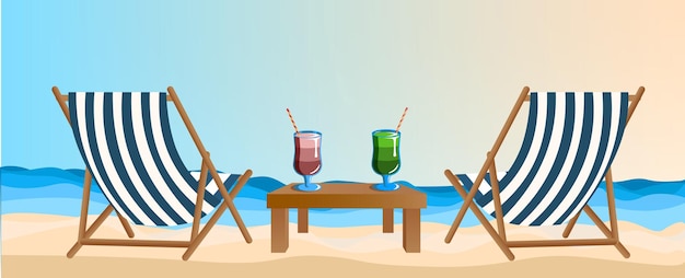 Vector wide banner sea coast two deck chairs cocktails on the beach sun sea and sand summer vacation in hot countries beach holidays banner for advertising tours travel vacation