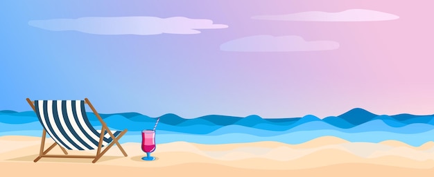 Vector wide banner summer evening sea background sunset pink light yacht in the sea and beach cocktail on the sand postcard holiday season advertisement beach holiday