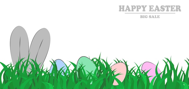 흰색 배경 고전적인 부활절 개념 R에 푸른 잔디에 부활절 토끼와 계란이 있는 넓은 배너