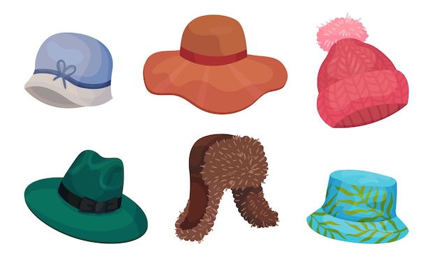 Vector wide brimmed hats and headdresses isolated on white background vector set