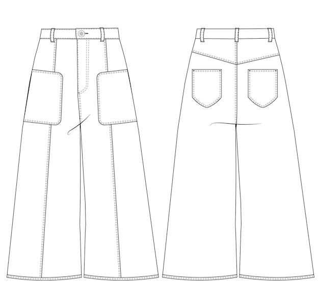 Vector wide leg palazzo pant trouser technical drawing flat sketch template fashion jean denim