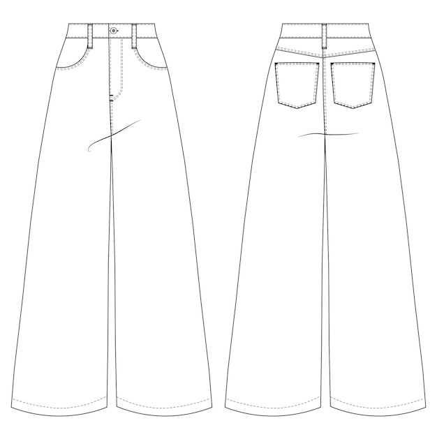 Vector wide leg palazzo sailor high rise mid rise pant trouser template tecnical drawing flat sketch cad mo