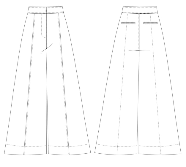 Vector wide leg palazzo sailor welt pocket jean denim pant trouser template technical drawing flat sketch c