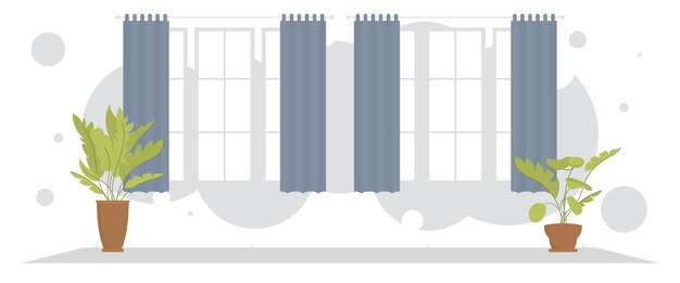 ベクトル カーテンと観葉植物のある広いリビング ルーム インテリア フラット スタイル
