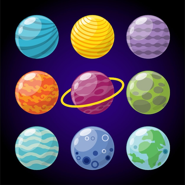 A wide range of space planet designs for producing cartoon and game illustrations or in print projects