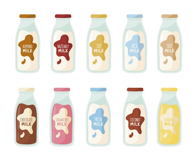 Vector a wide variety of plantbased milk in glass bottles