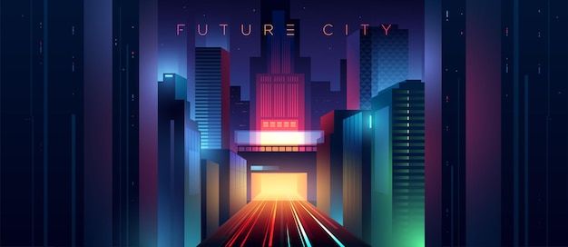 Wide view of the night neon futuristic city Highway with traffic car lights