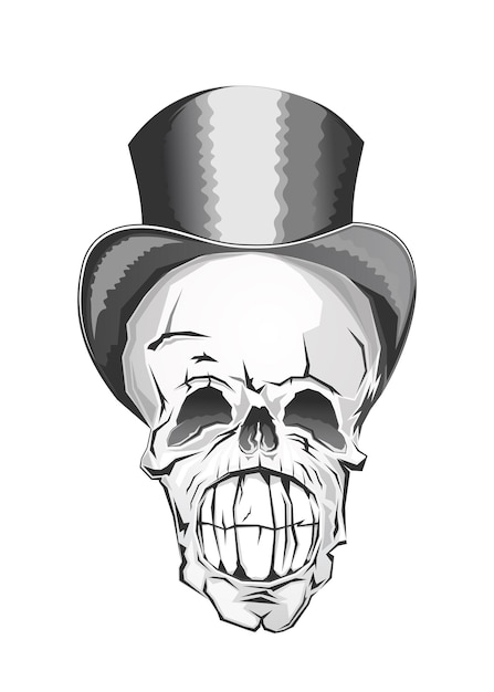 Vector widely smiling skull in top hat. human skull in a cylinder hat. skull with a lower jaw. vector illustration