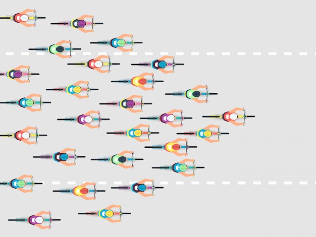 Wielrennen. groep atleten op fietsen. personen fietsen op straat in bovenaanzicht. sport-