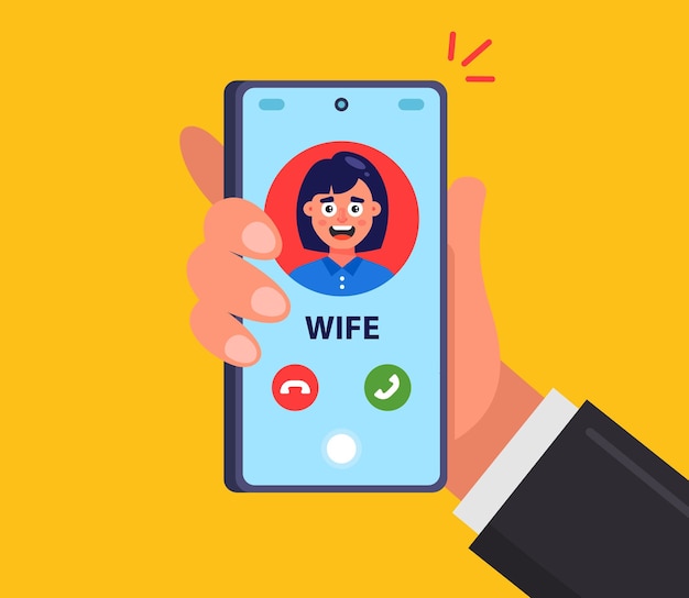 Vector wife calls her husband on a mobile smartphone