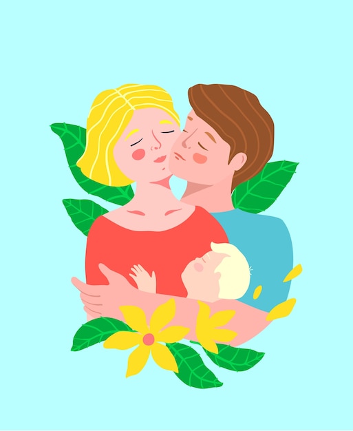 Wife and husband or romantic young couple holding each other and a kid, embracing cheek to cheek with flowers colorful .