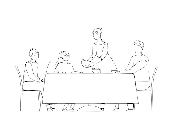 A wife serving food for the family in reunion dinner line art