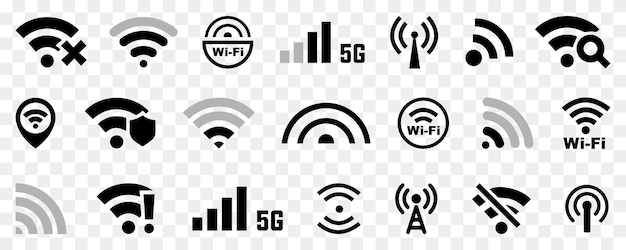 Вектор Иконки подключения к wi-fi и интернету в черном символ беспроводного интернета сеть wi-fi, связанная с маршрутизатором