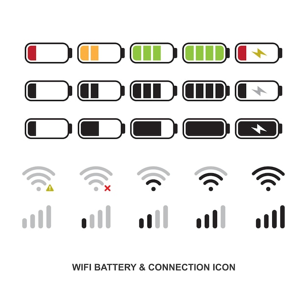 Vector wifi and battery icons set and connection level icons