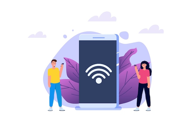 WiFi接続の概念。リモート接続されたデバイス。ベクトルイラスト。