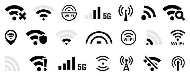 Wifi- en internetverbindingspictogrammen in het zwart Draadloos internetsymbool Netwerk Wifi-router gerelateerd