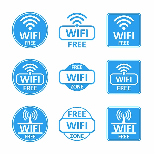Wifi free zone colore blu wireless set bundle adesivi etichette design icona set di raccolta connessione
