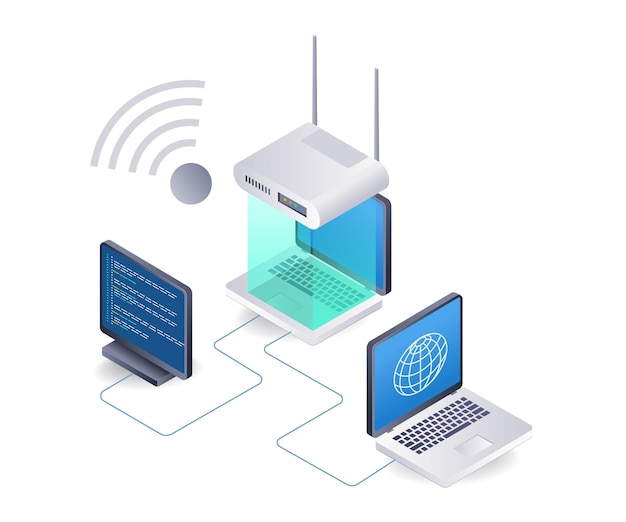 Wifi-netwerk internet router gebruik computer concept platte isometrische 3D-illustratie