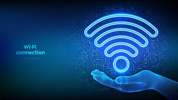 WiFi-netwerk Wi-Fi-icoon in de hand Wlan-toegang draadloze hotspot signaalsymbool Mobiele verbinding zone Router transmissie Circuit board patroon PCB gedrukte circuit textuur Vector illustratie