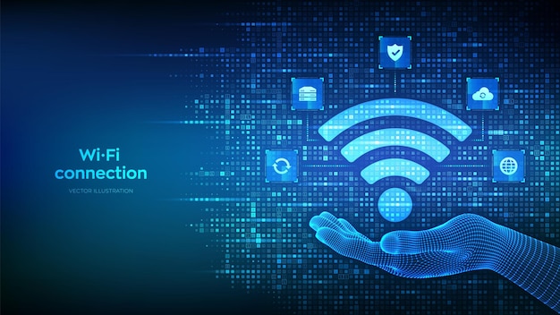 WiFi-netwerkicon Wi-Fi-teken gemaakt met binaire code in de hand Wlan-toegang draadloze hotspot signaal