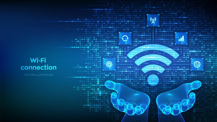 Икона сети Wi-Fi Wi-Fi знак, сделанный с двоичным кодом в руках Сигнал беспроводной точки доступа Wlan Зона мобильного подключения Иконы передачи данных Подключения мобильной передачи Иллюстрация вектора