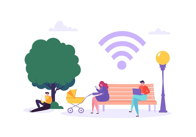 Wifi nel parco con persone che utilizzano smartphone e laptop. concetto di social networking con personaggi con gadget mobili.