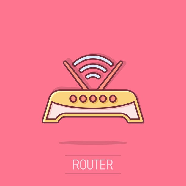 Vettore icona del router wi-fi in stile comico illustrazione vettoriale di cartoni animati a banda larga su sfondo isolato connessione internet effetto splash concetto di business