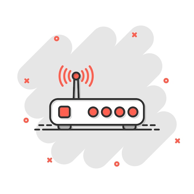 Wifi ルーター アイコン コミック スタイル ブロード バンド漫画ベクトル イラスト分離白地インターネット接続スプラッシュ効果ビジネス コンセプト