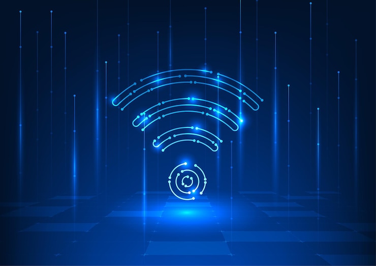 Vector wifi technology background wifi icons are technology circuit lines a signal wave that provides access to the internet square background high tech digital data transmission lines in the network